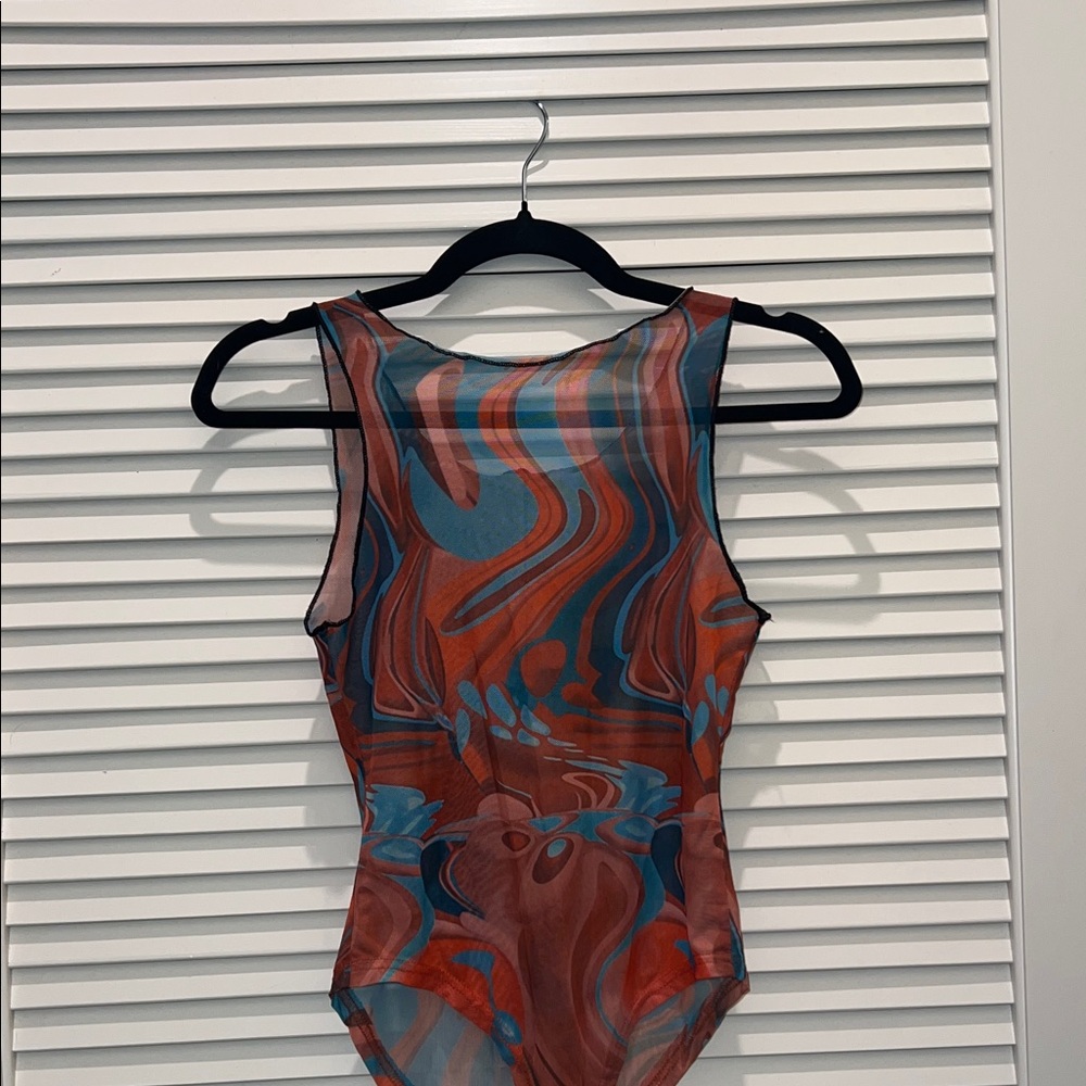 Turquoise and Orange See-through Swirl Pattern Bodysuit - Picture 6 of 11